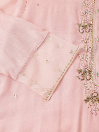 Baby Pink Embroidered Chanderi Kurta Set Trouser & Dupatta For Women