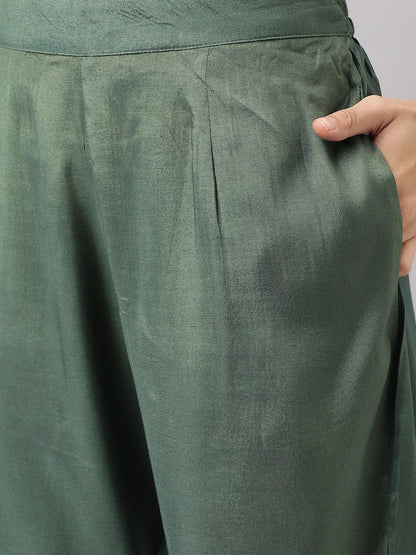 Divena Green Burn out Velvet Kurta Harem Pant with Organza Dupatta - divena world