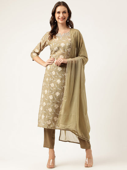 Ethnic Olive Embroidered Cotton Kurta Trouser with Dupatta Set