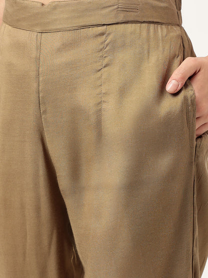 Ethnic Olive Embroidered Cotton Kurta Trouser with Dupatta Set
