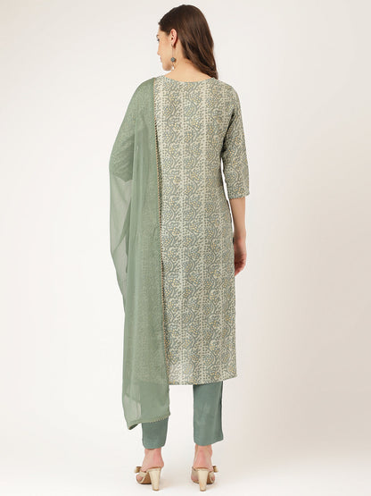 Ethnic Green Floral Print Chanderi Kurta Pant Set With Dupatta