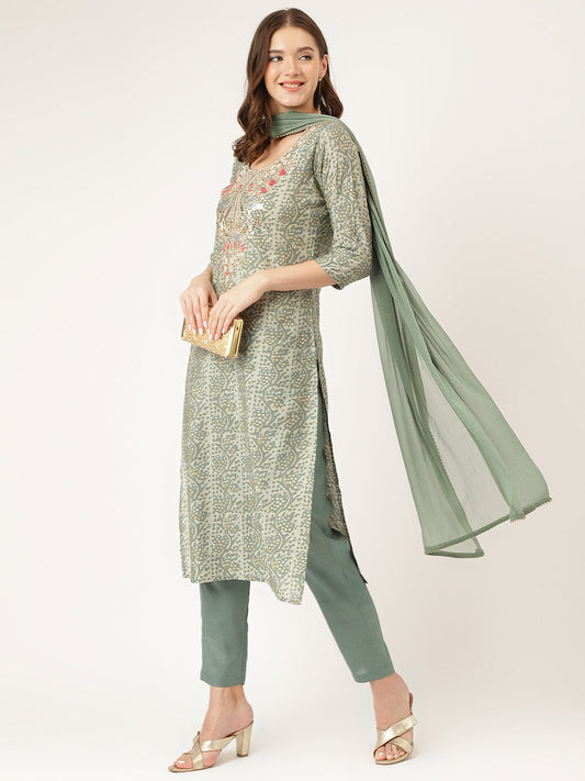 Green Floral Print Chanderi Kurta Set, Trouser With Dupatta For Women