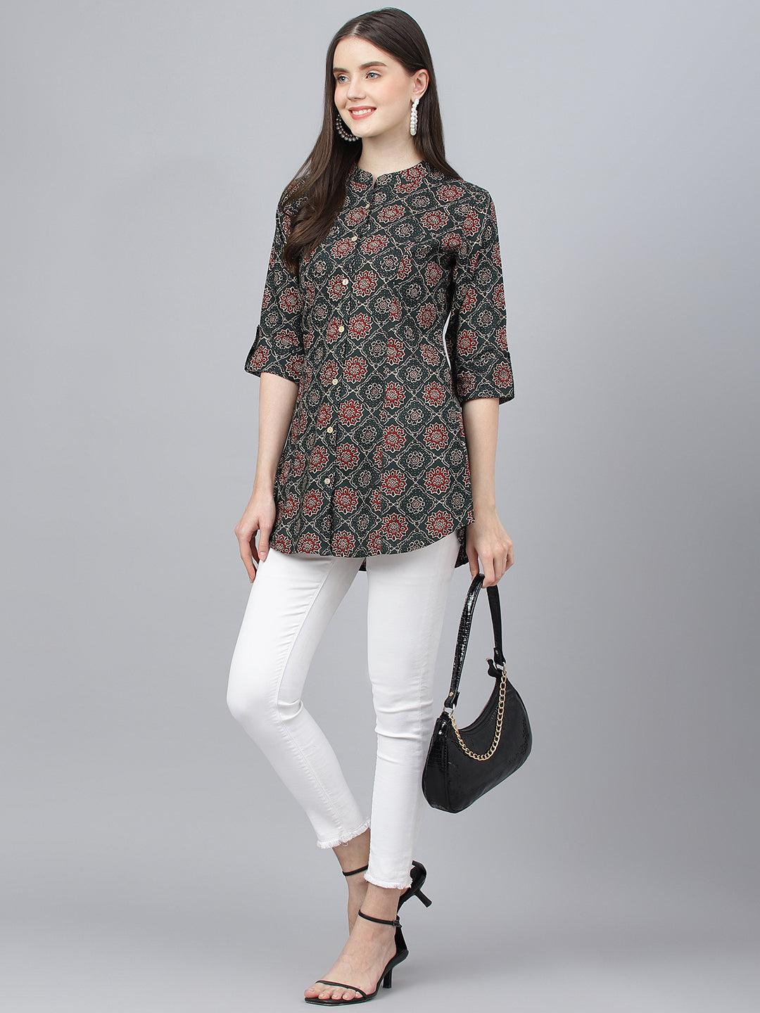 Divena Black Abstract printed Rayon A-line Shirts Style Top - divena world