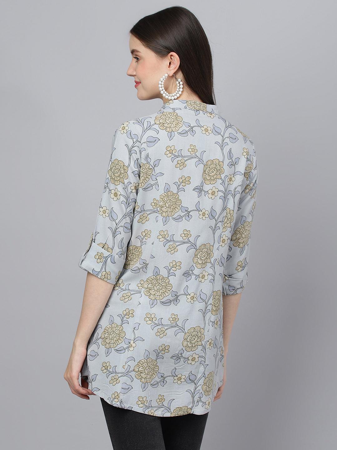 Divena Dusty Blue Floral printed Rayon A-line Shirts Style Top - divena world