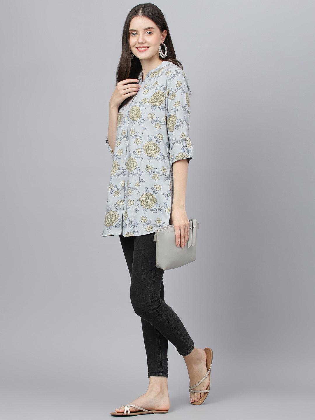 Divena Dusty Blue Floral printed Rayon A-line Shirts Style Top - divena world