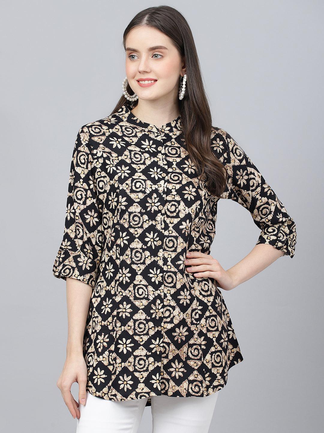 Divena Black Floral printed Rayon A-line Shirts Style Top - divena world