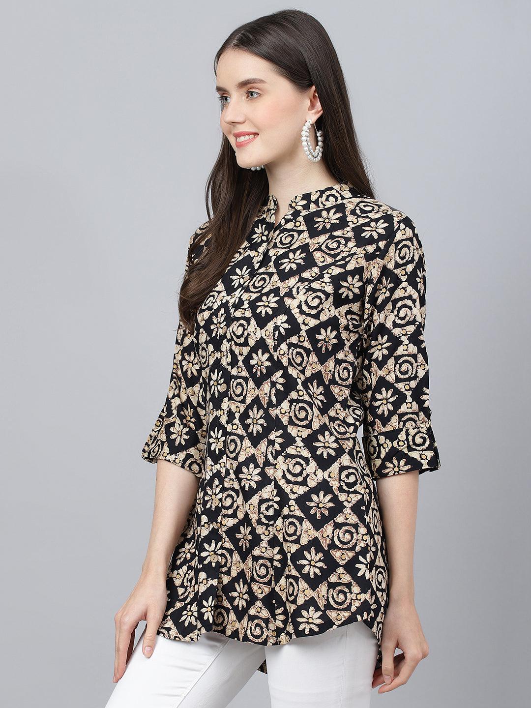 Divena Black Floral printed Rayon A-line Shirts Style Top - divena world