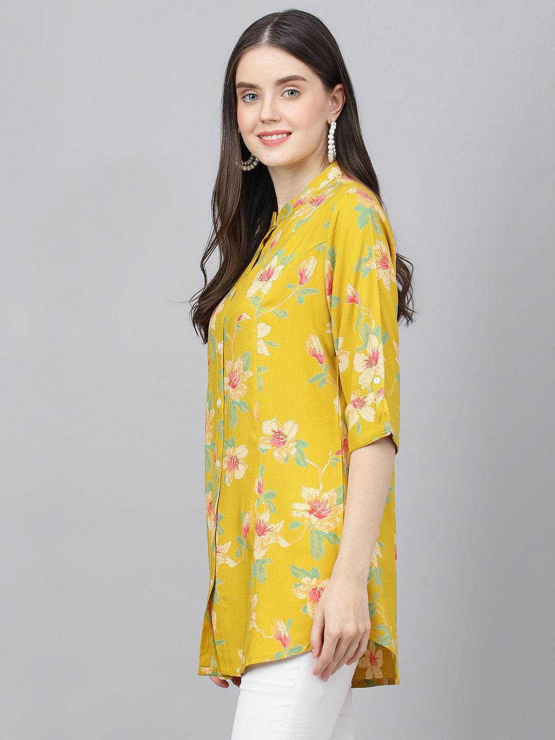 Divena Yellow Floral printed Rayon A-line Shirts Style Top - divena world