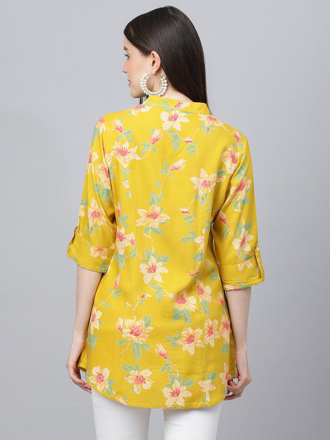 Divena Yellow Floral printed Rayon A-line Shirts Style Top - divena world