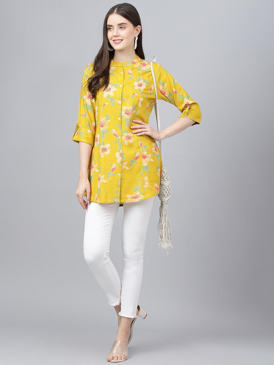 Divena Yellow Floral printed Rayon A-line Shirts Style Top - divena world