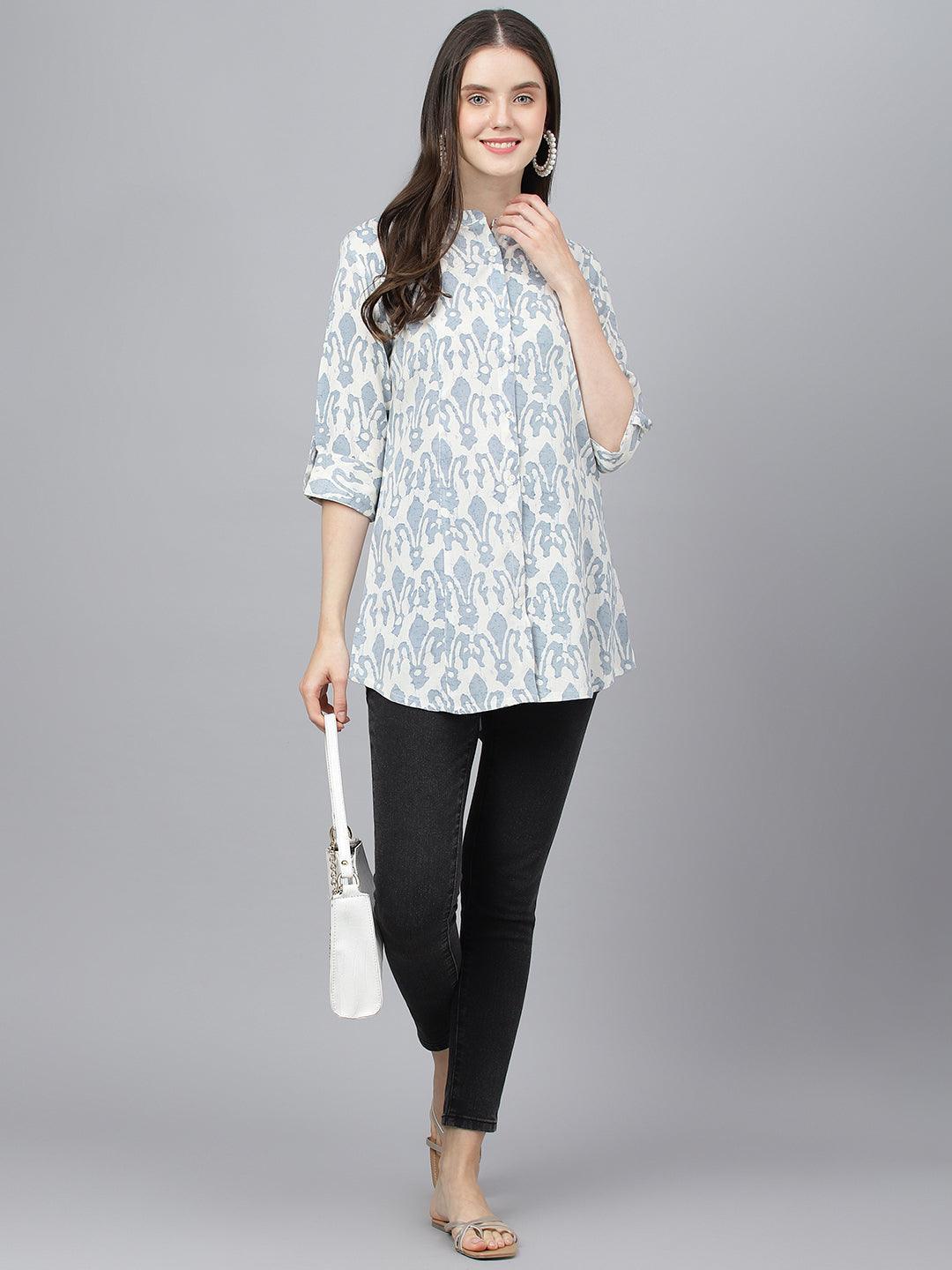 Divena Off white Abstract printed Rayon A-line Shirts Style Top - divena world