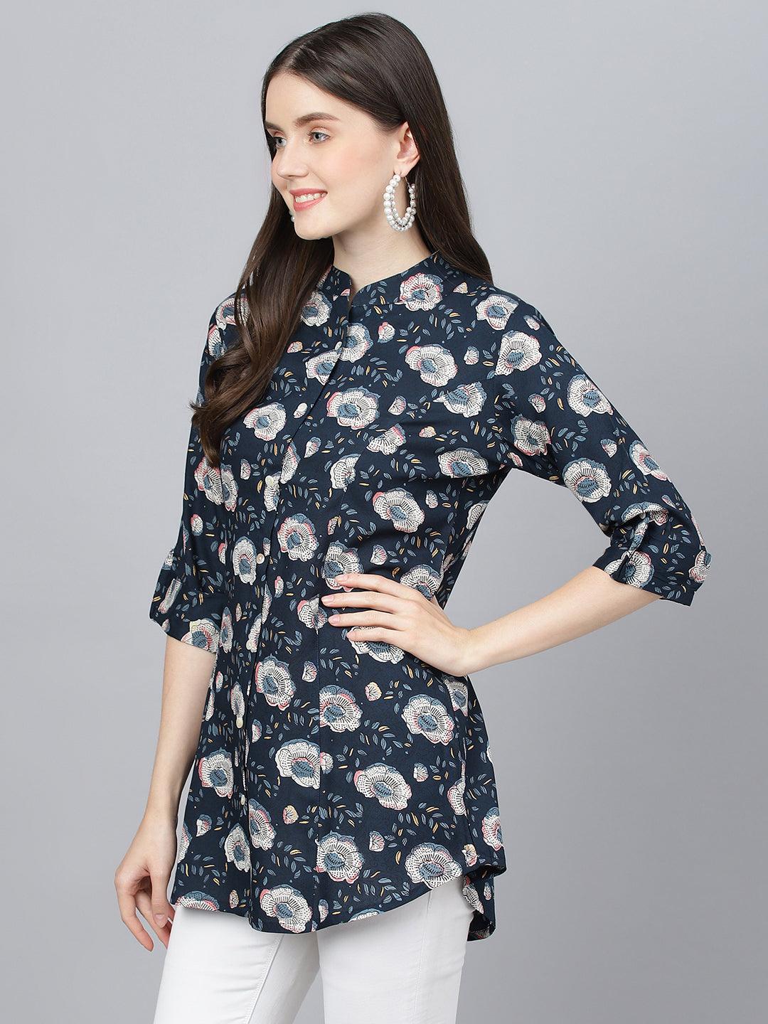 Divena Blue Floral printed Rayon A-line Shirts Style Top - divena world