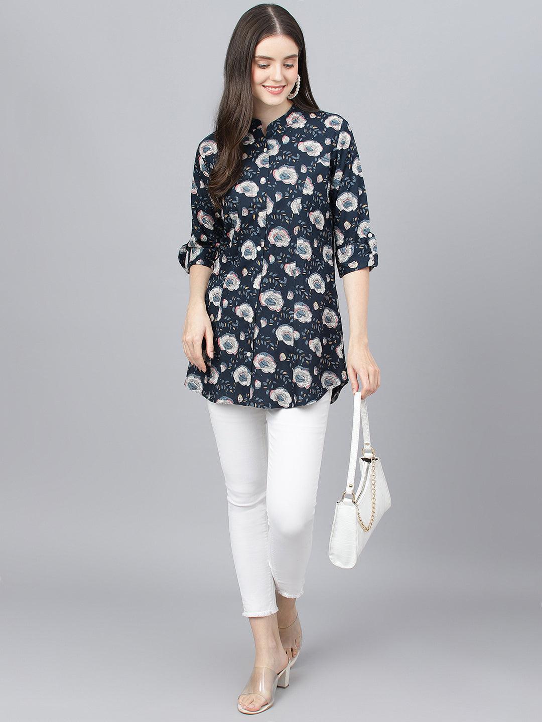 Divena Blue Floral printed Rayon A-line Shirts Style Top - divena world