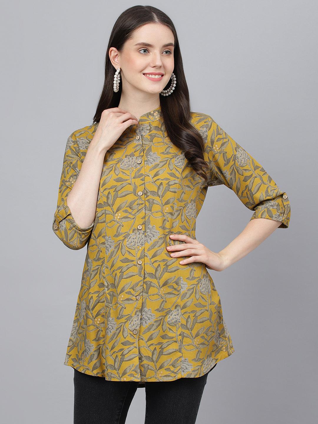 Divena Mustard Floral printed Rayon A-line Shirts Style Top - divena world