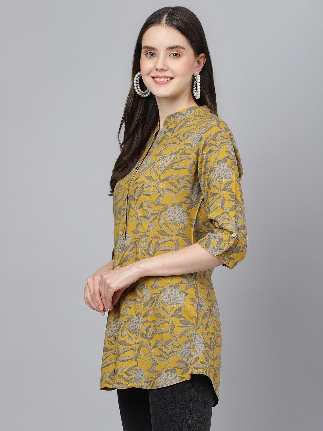 Divena Mustard Floral printed Rayon A-line Shirts Style Top - divena world