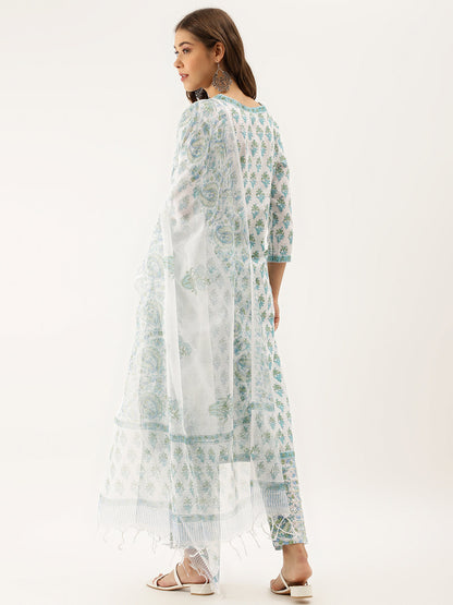 Divena White Sea blue Handblock Floral Printed Cotton Kurta Set with Kota Doria Dupatta