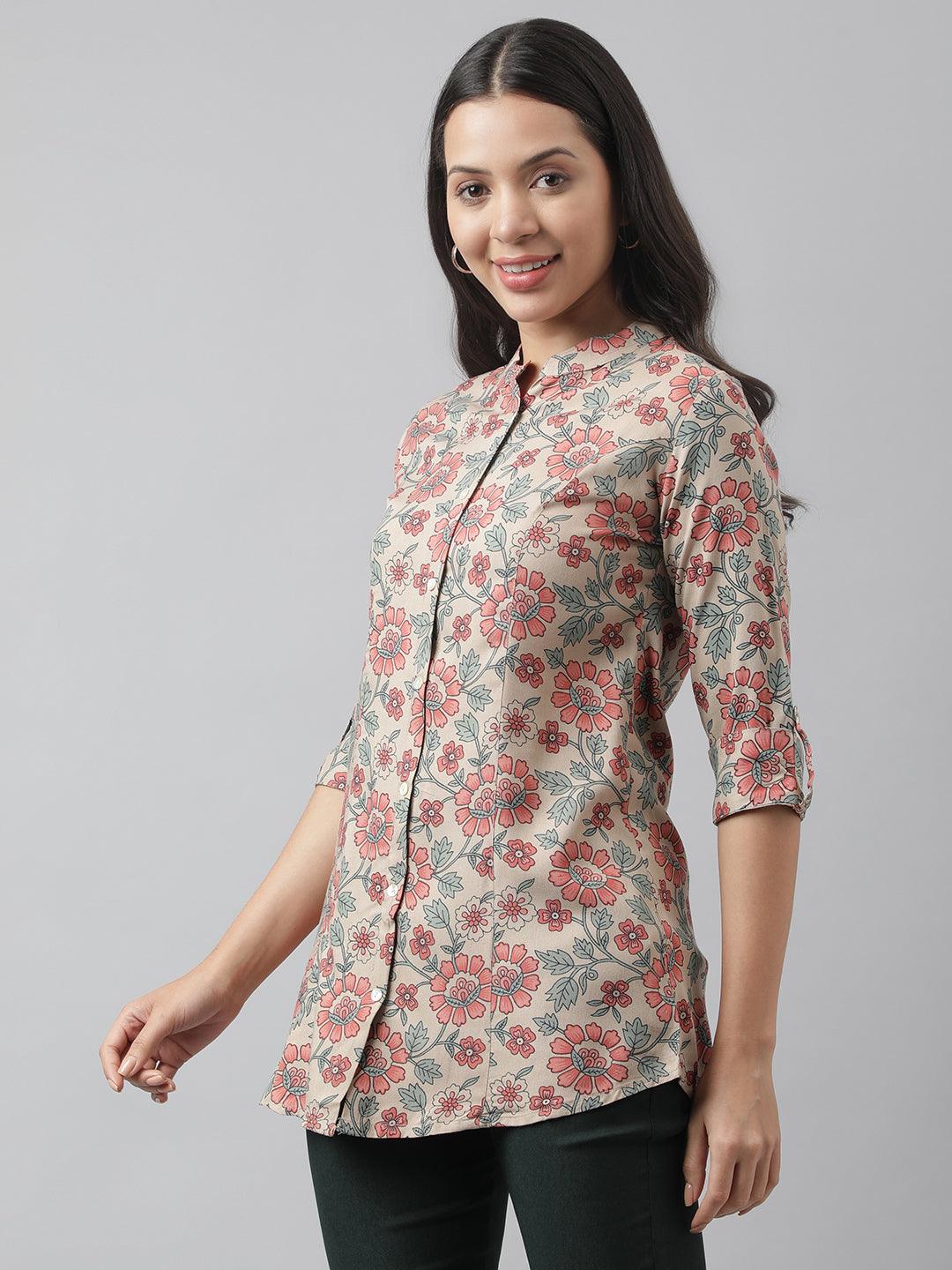 Divena Dark Beige Floral Printed Rayon A-line Shirt Style Top - divena world