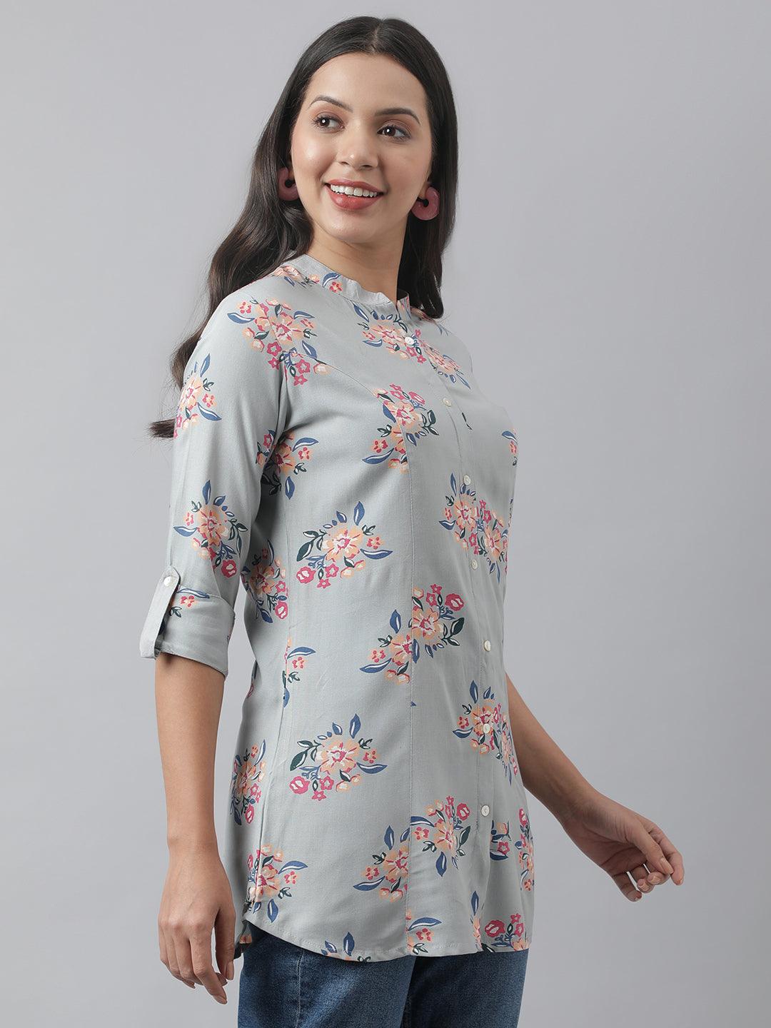 Divena Gray Floral Printed Rayon A-line Shirt Style Top - divena world