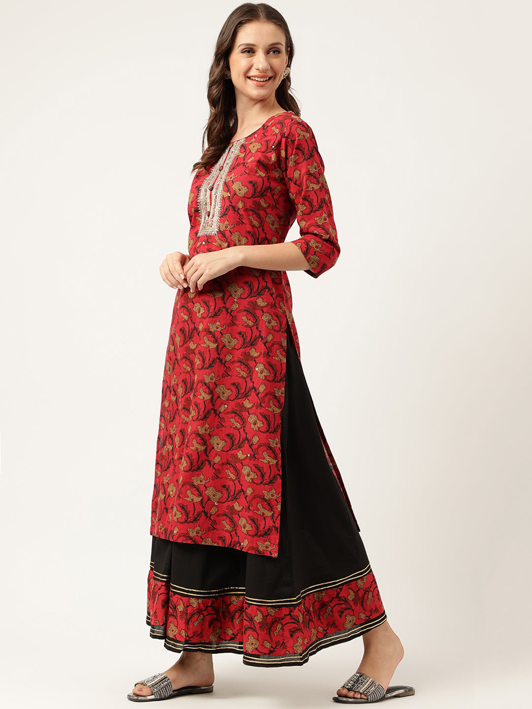 Floral Printed Cotton Kurta with Sharara Set For Women