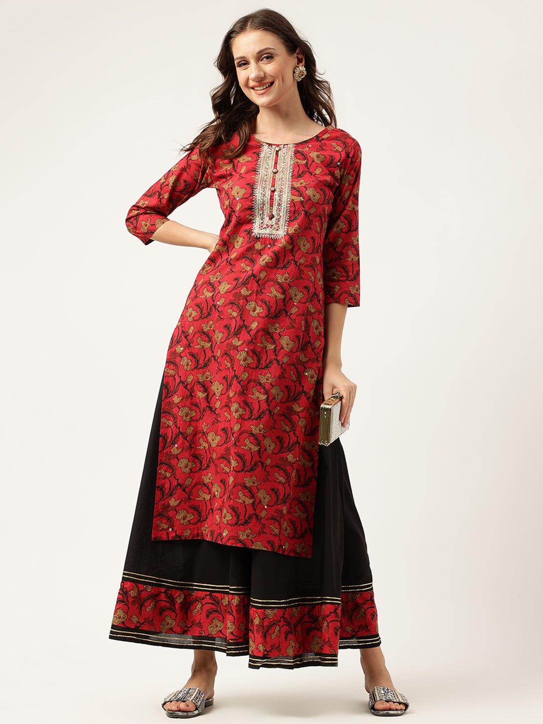 Floral Printed Cotton Kurta with Sharara Set For Women