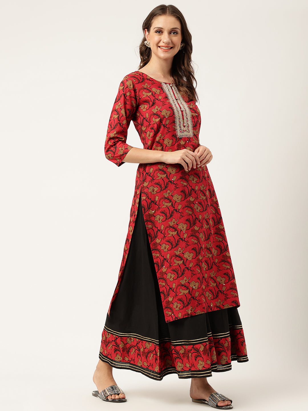 Floral Printed Cotton Kurta with Sharara Set For Women