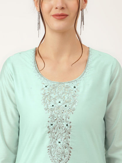 Sea Green Embroidered Chanderi Women Kurta Trouser With Dupatta