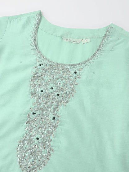 Sea Green Embroidered Chanderi Women Kurta Trouser With Dupatta