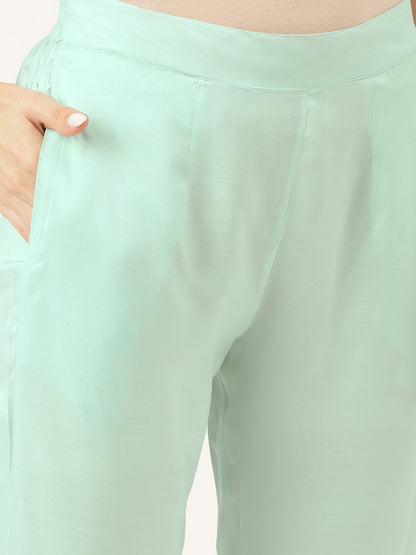Sea Green Embroidered Chanderi Women Kurta Trouser With Dupatta