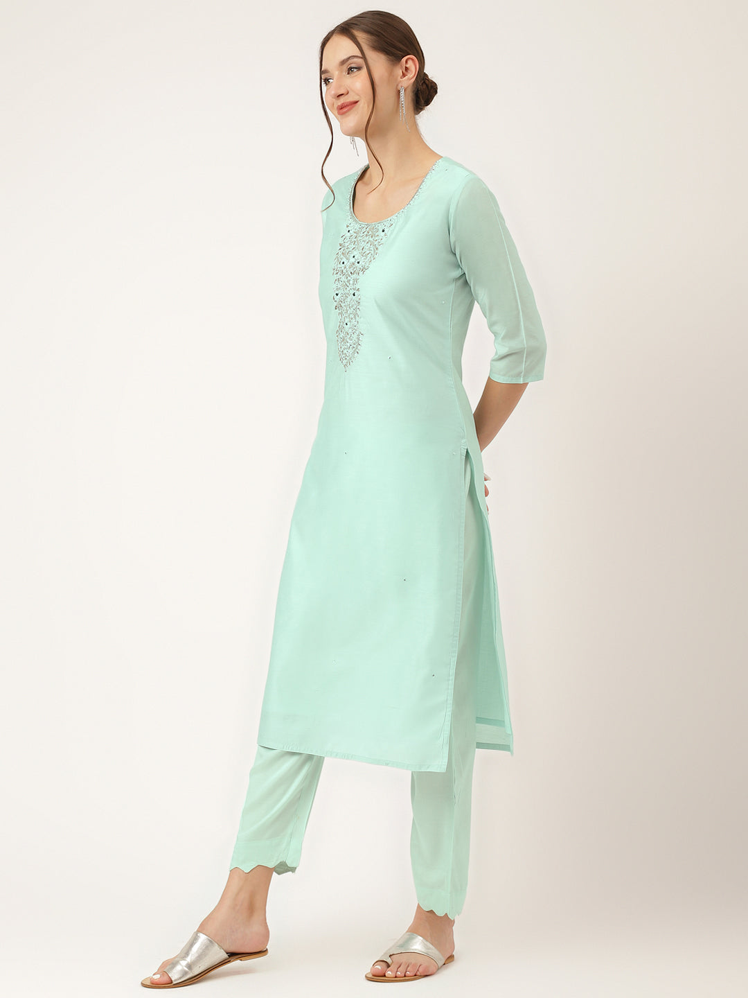 Sea Green Embroidered Chanderi Women Kurta, Trouser With Dupatta