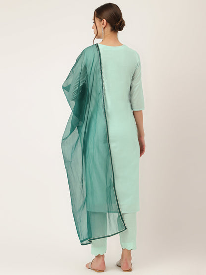 Sea Green Embroidered Chanderi Women Kurta Trouser With Dupatta