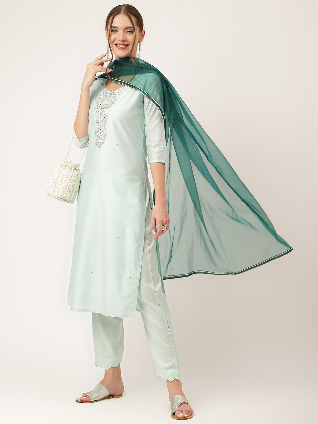 Sea Green Embroidered Chanderi Women Kurta, Trouser With Dupatta