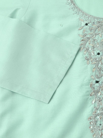 Sea Green Embroidered Chanderi Women Kurta Trouser With Dupatta