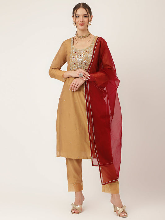 Brown Embroidered Chanderi Kurta Set Trouser With Dupatta For Women