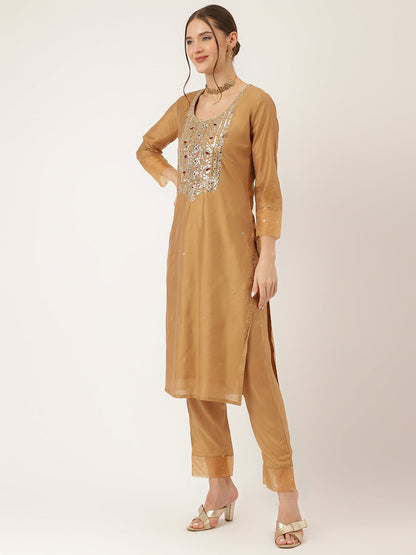 Brown Embroidered Chanderi Kurta Set Trouser With Dupatta For Women