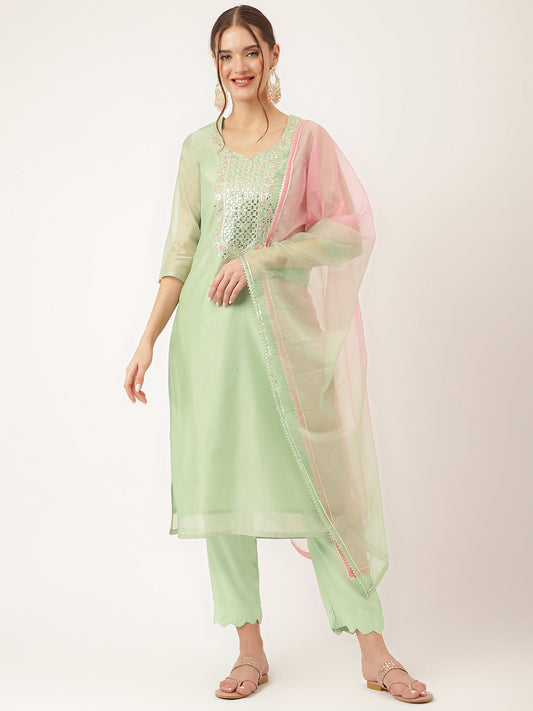 Green Pink Embroidered Chanderi Kurta Set, Trouser With Dupatta