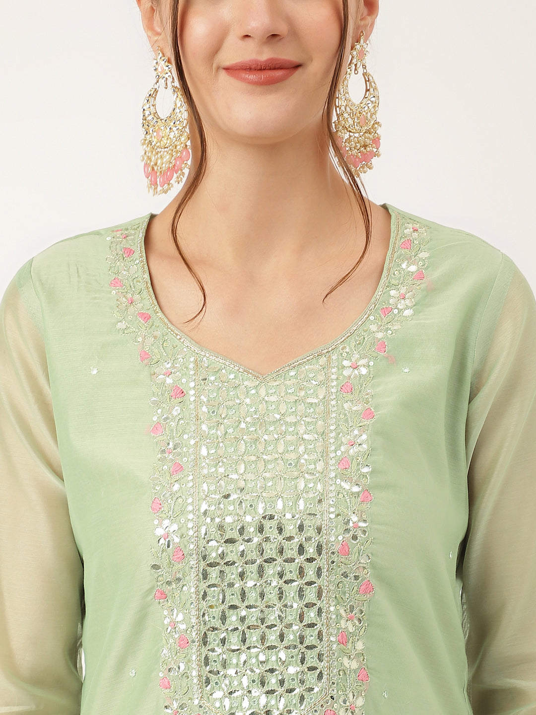 Green Pink Embroidered Chanderi Kurta Set, Trouser With Dupatta