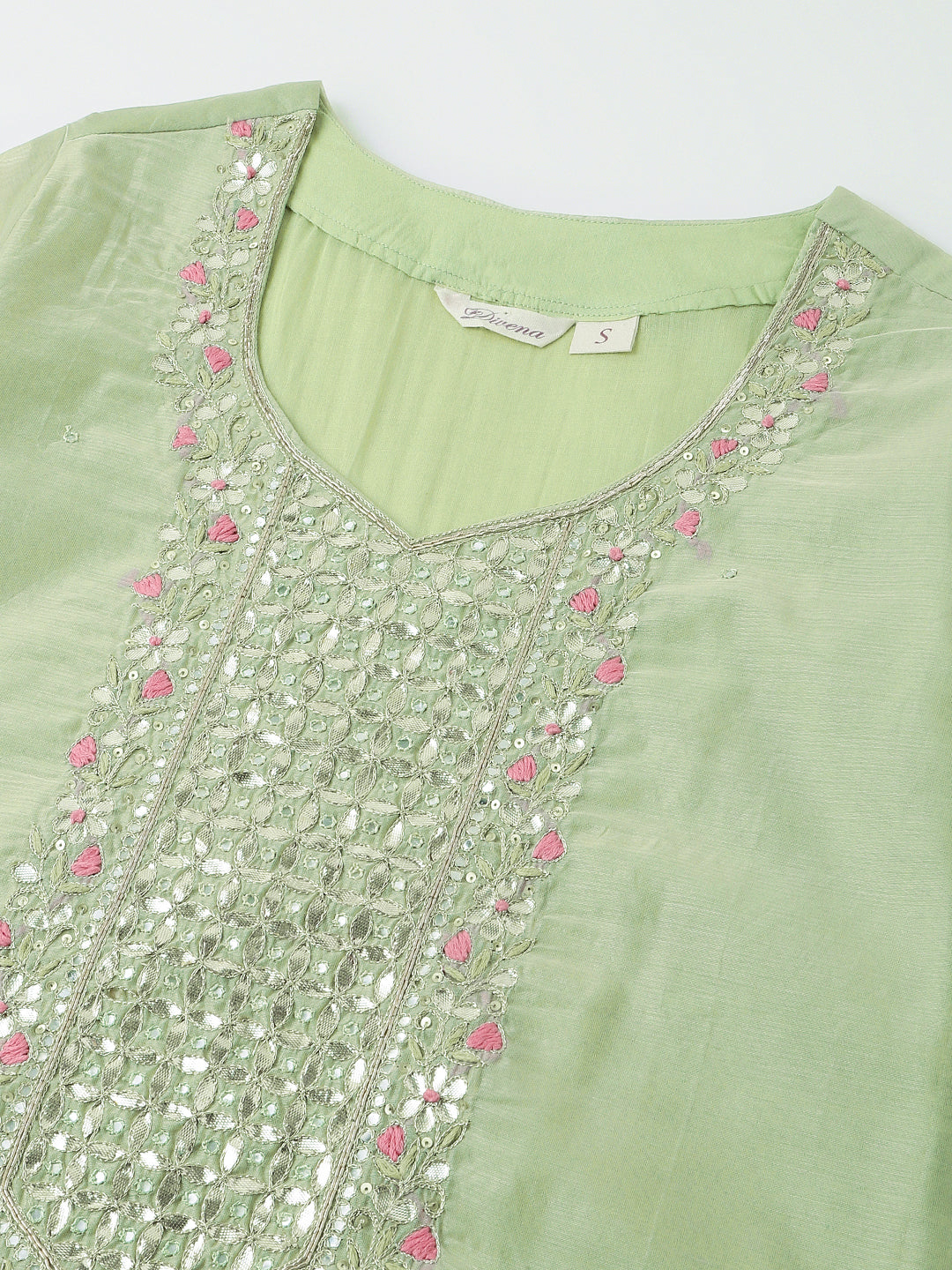 Green Pink Embroidered Chanderi Kurta Set, Trouser With Dupatta