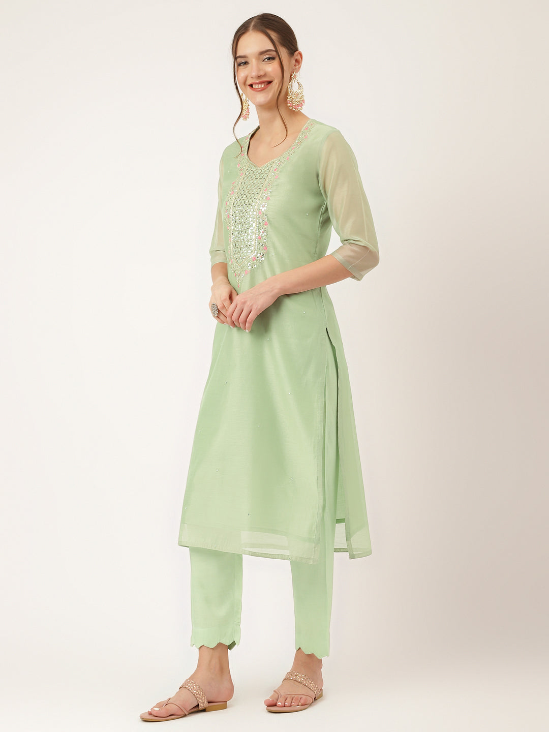 Green Pink Embroidered Chanderi Kurta Set, Trouser With Dupatta