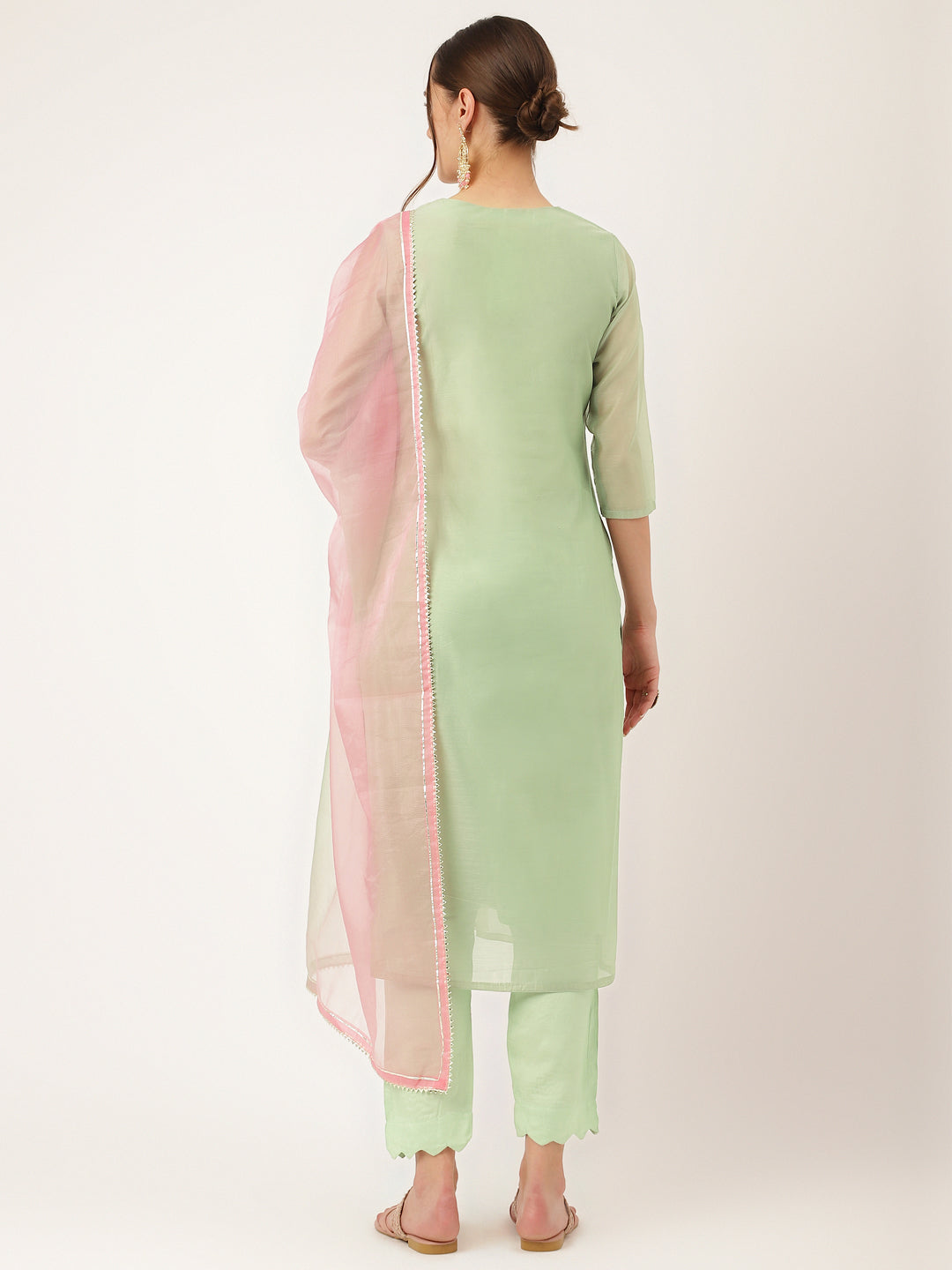 Green Pink Embroidered Chanderi Kurta Set, Trouser With Dupatta