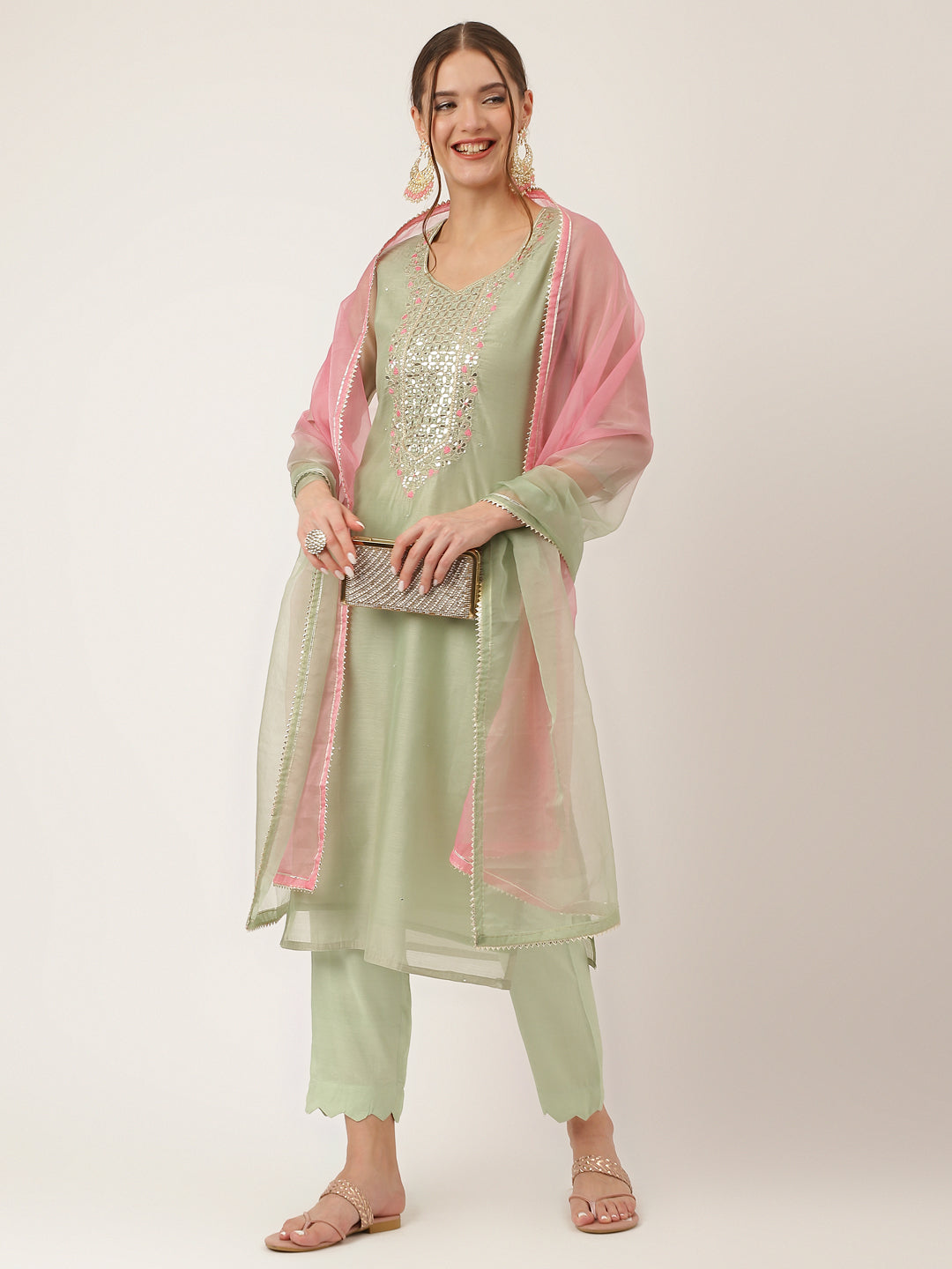 Green Pink Embroidered Chanderi Kurta Set, Trouser With Dupatta