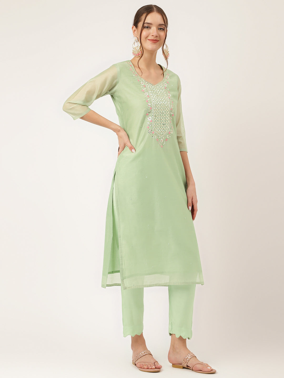 Green Pink Embroidered Chanderi Kurta Set, Trouser With Dupatta