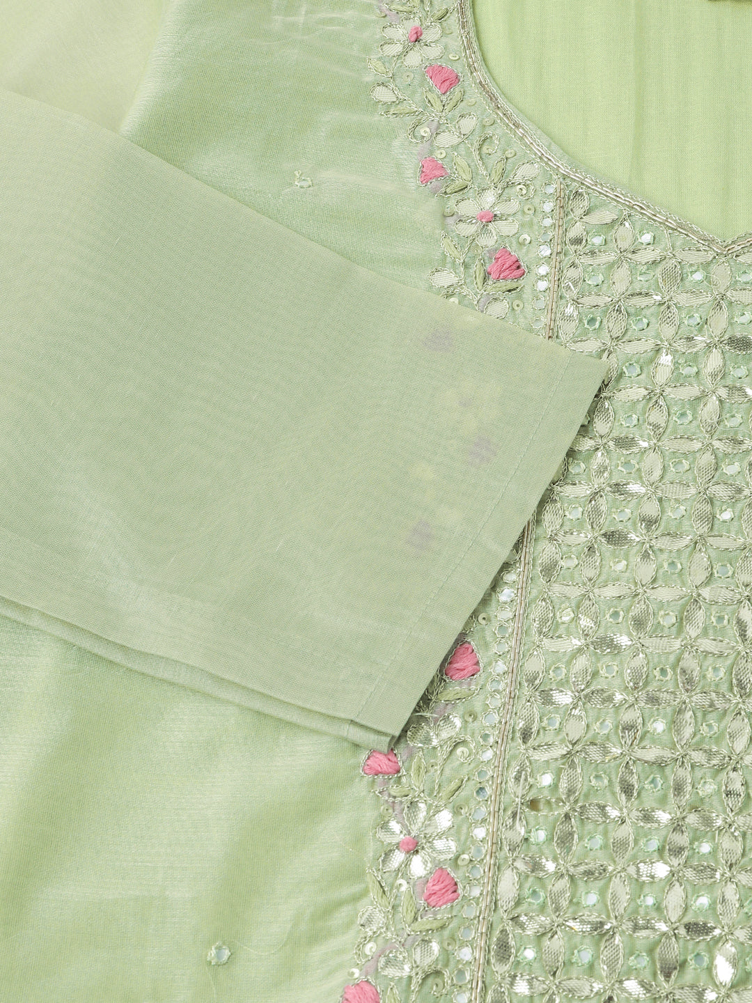 Green Pink Embroidered Chanderi Kurta Set, Trouser With Dupatta