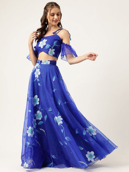 Blue Floral Hand Painted Party Wear Lehenga Set