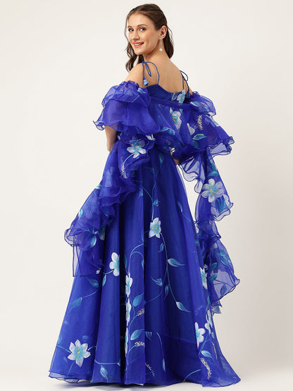 Blue Floral Hand Painted Party Wear Lehenga Set