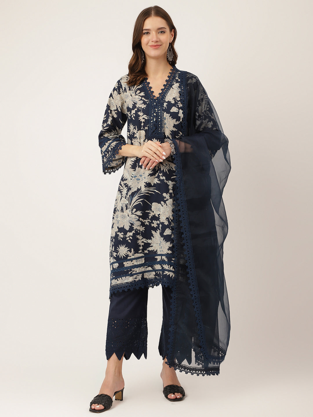 Navy Blue Floral Print Cotton Kurta Set, Trouser With Dupatta