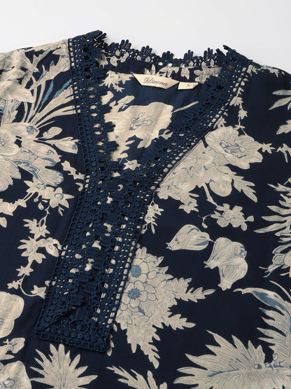 Navy Blue Floral Print Cotton Kurta Set Trouser With Dupatta