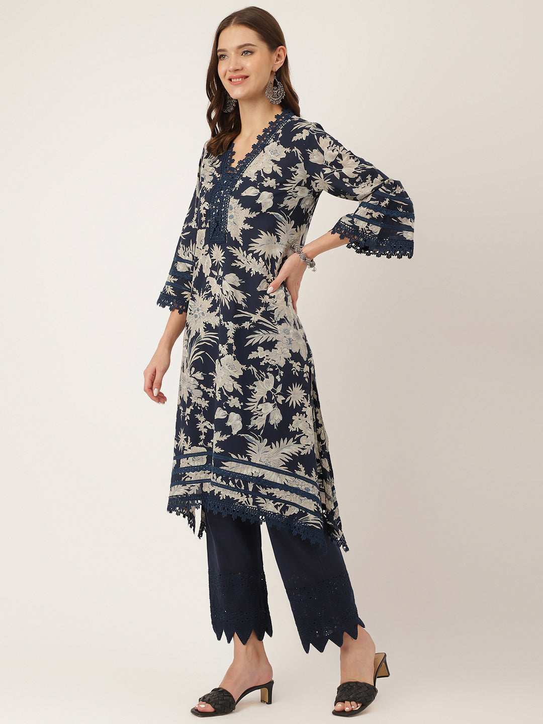 Navy Blue Floral Print Cotton Kurta Set, Trouser With Dupatta