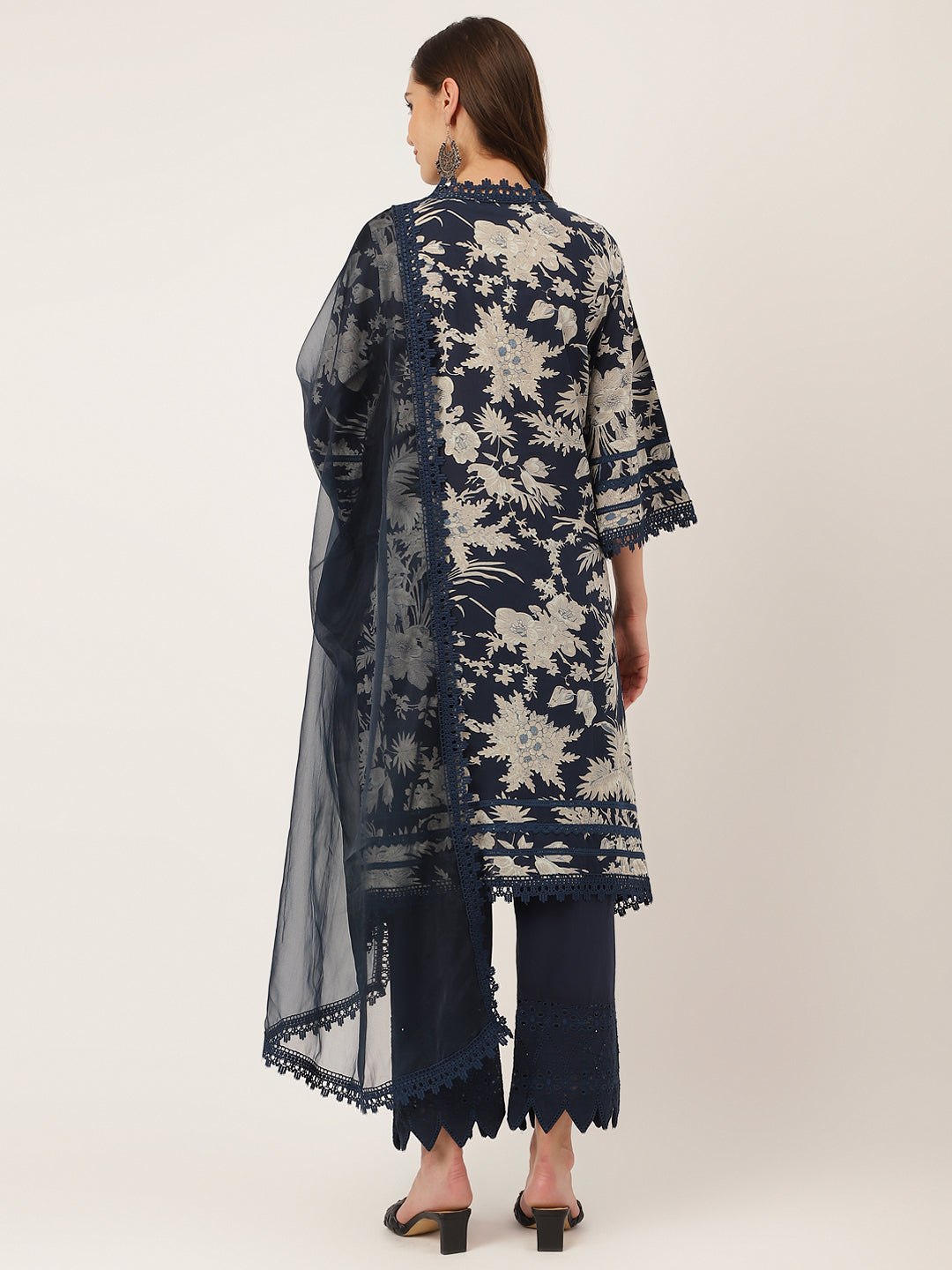 Navy Blue Floral Print Cotton Kurta Set, Trouser With Dupatta