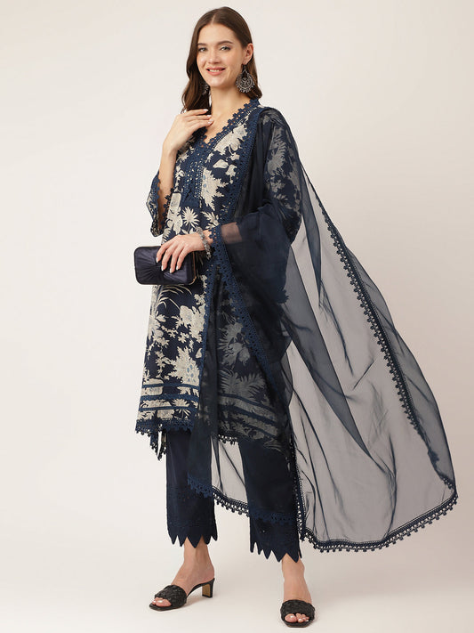 Navy Blue Floral Print Cotton Kurta Set, Trouser With Dupatta