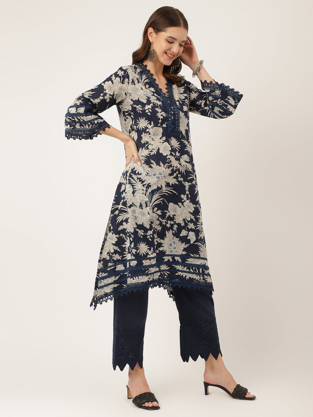 Navy Blue Floral Print Cotton Kurta Set, Trouser With Dupatta